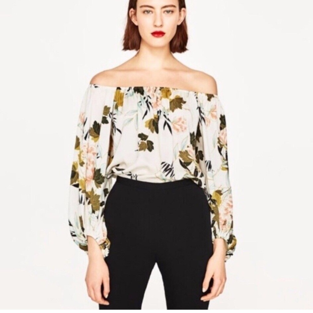 Zara Floral Balloon Sleeve Off-Shoulder Bodysuit Top